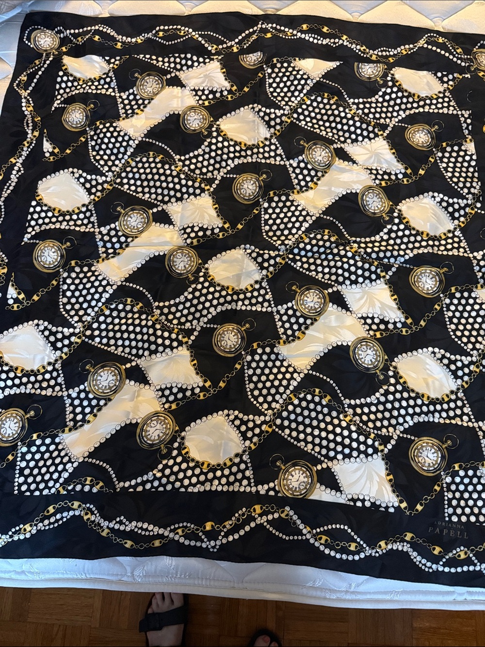 Vintage Arianna Papell 100% Silk Square Scarf with Pocket Watch Pearl Design.